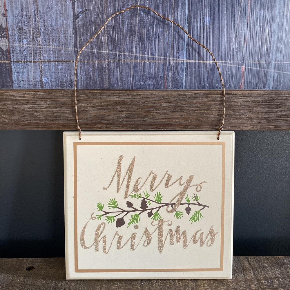 6" x 7" Wood Merry Christmas Wooden Sign Plaque Rustic Wire Hanger